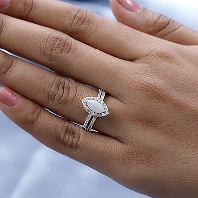 Australian Opal and Moissanite Set of 2 Ring in Platinum and Vermeil Yellow Gold Over Sterling Silver (Size 6) 1.25 ctw