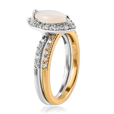 Australian Opal and Moissanite Set of 2 Ring in Platinum and Vermeil Yellow Gold Over Sterling Silver (Size 6) 1.25 ctw