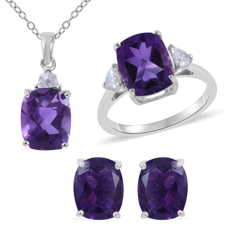 Amethyst, Natural White Zircon Stud Earrings, Ring (Size 5.0) and Pendant Necklace 18 Inches in Platinum Over Sterling Silver 8.40 ctw