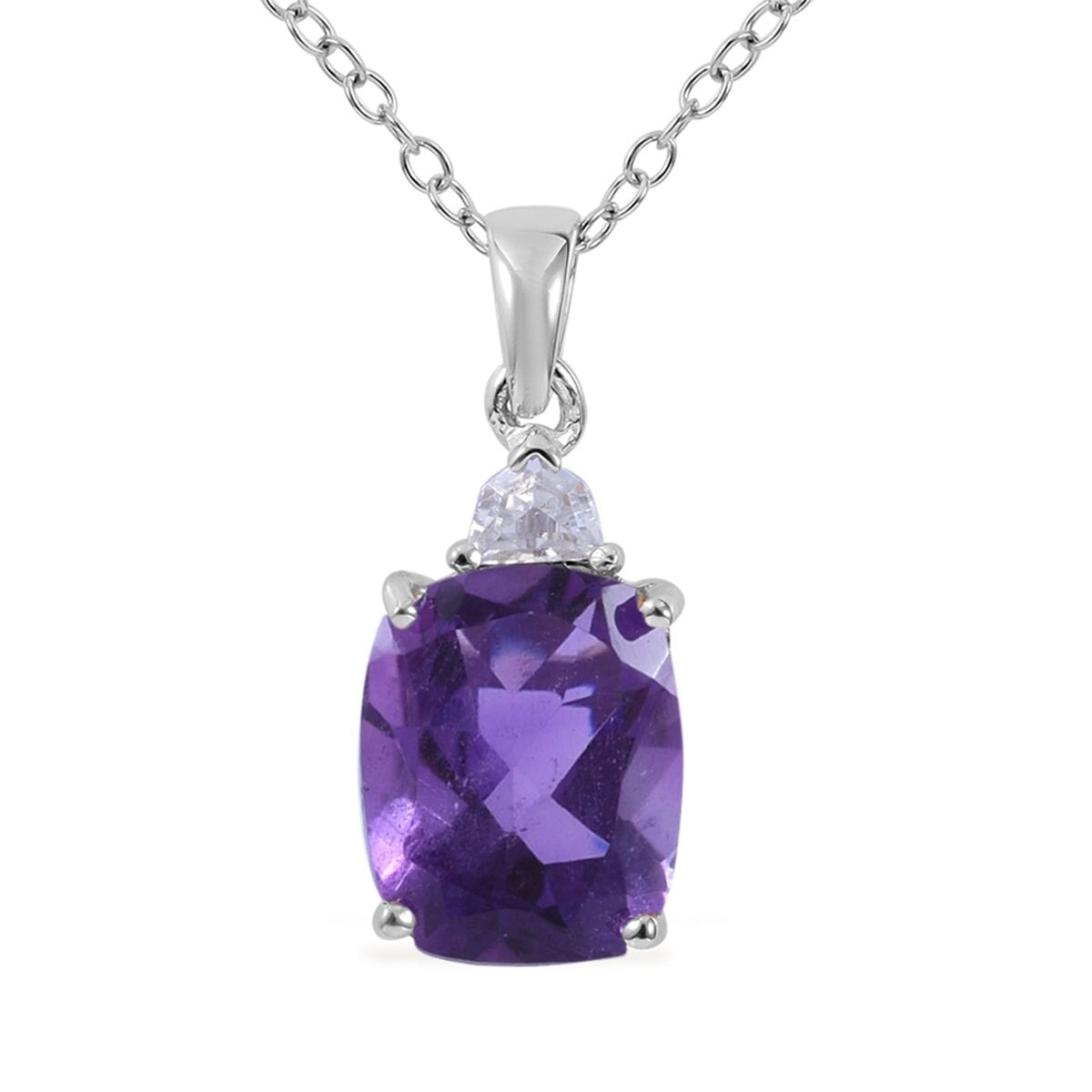 Amethyst, Natural White Zircon Stud Earrings, Ring (Size 5.0) and Pendant Necklace 18 Inches in Platinum Over Sterling Silver 8.40 ctw image number 3