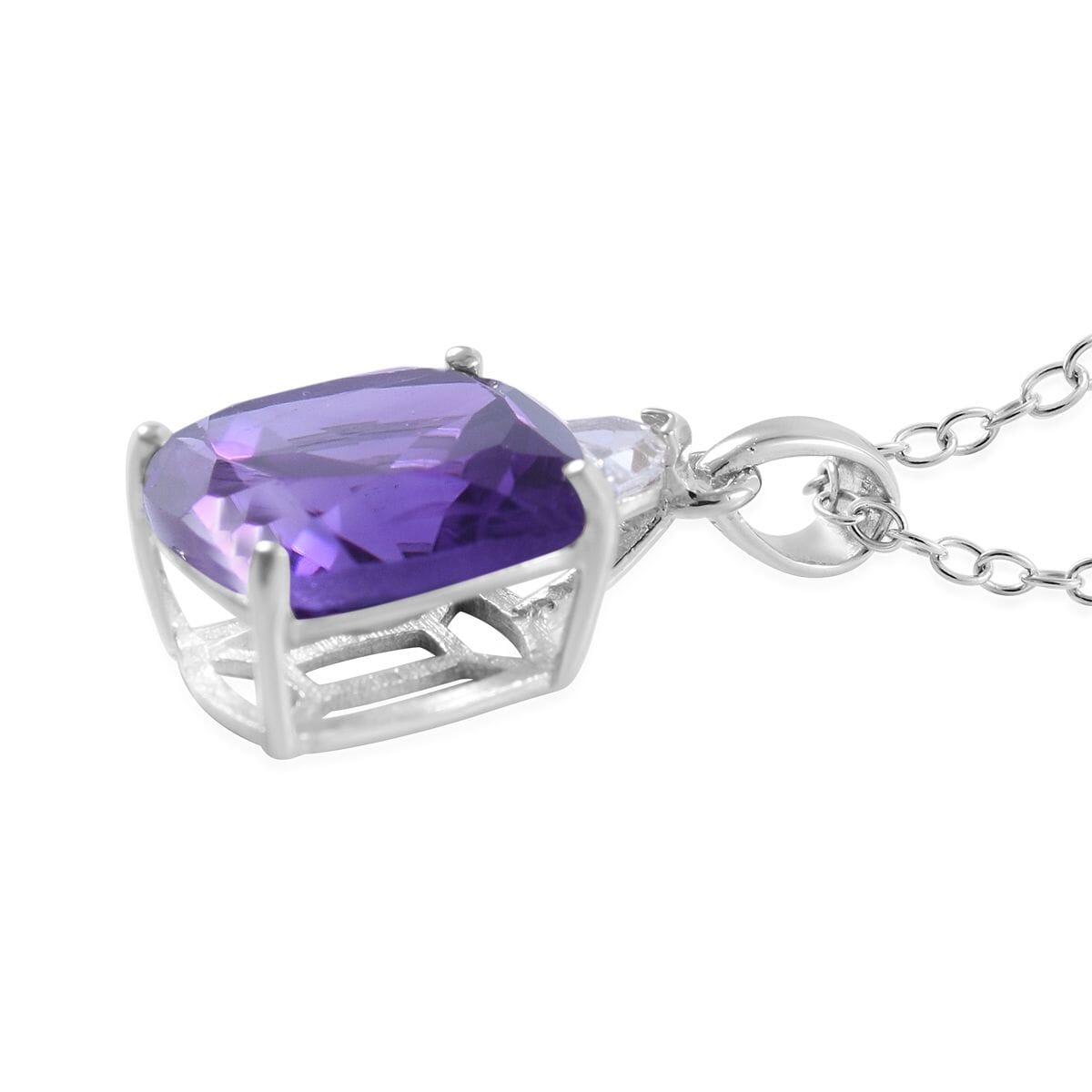 Amethyst, Natural White Zircon Stud Earrings, Ring (Size 5.0) and Pendant Necklace 18 Inches in Platinum Over Sterling Silver 8.40 ctw image number 4