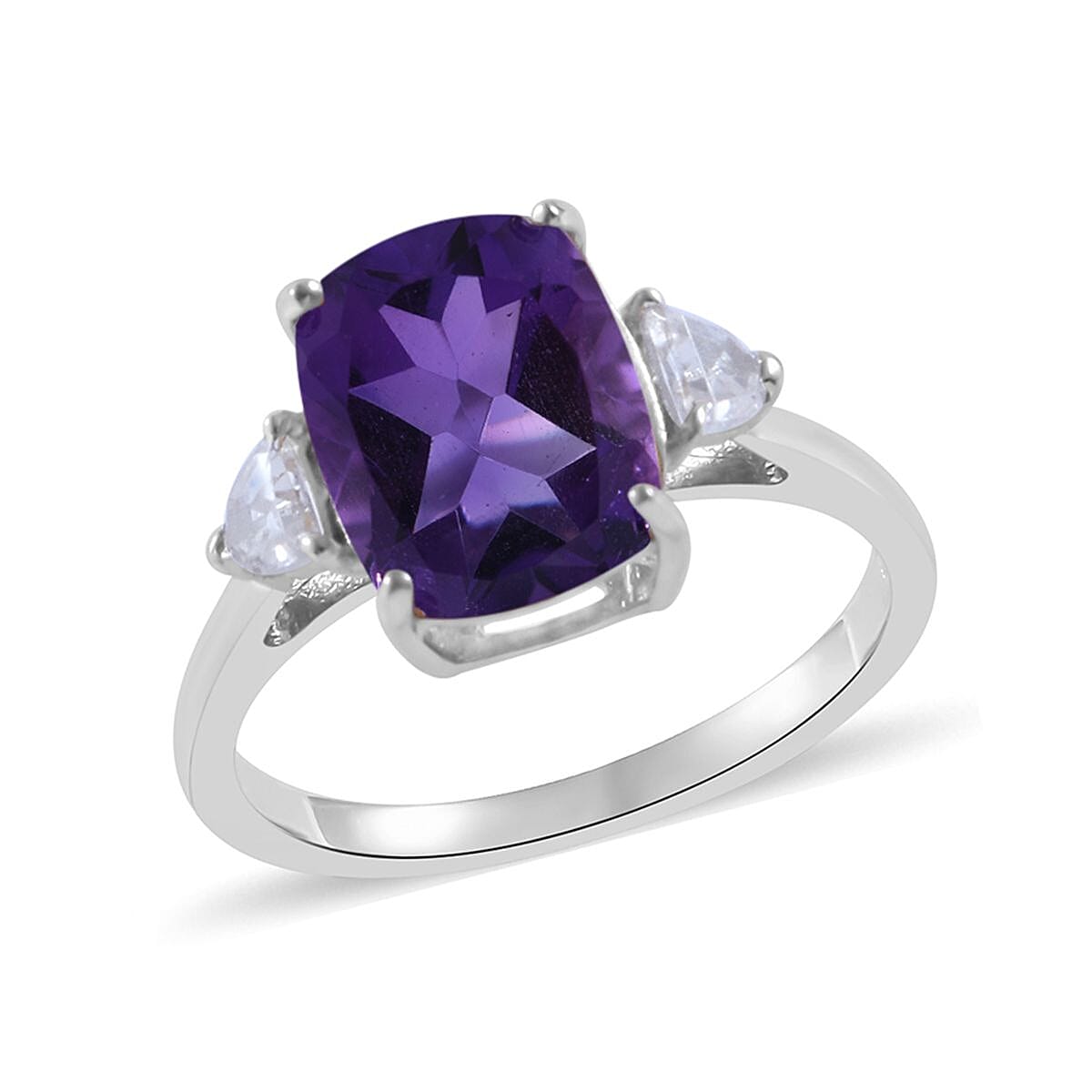 Amethyst, White Zircon Stud Earrings, Ring (Size 11.0) and Pendant Necklace 18 Inches in Platinum Over Sterling Silver 8.40 ctw image number 1