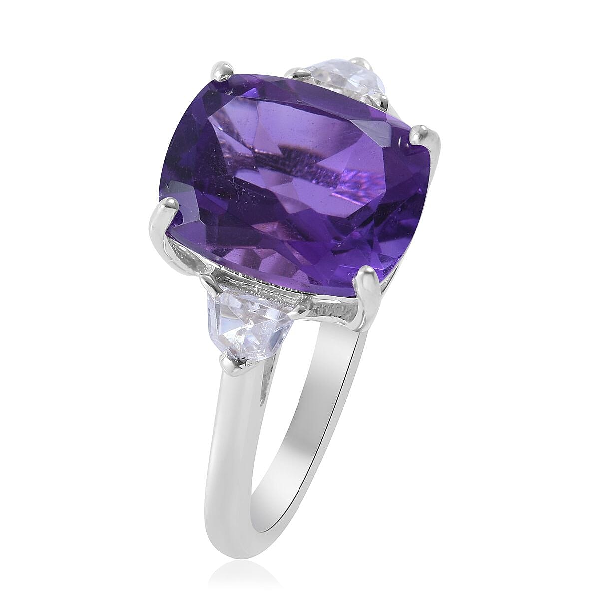 Amethyst, White Zircon Stud Earrings, Ring (Size 11.0) and Pendant Necklace 18 Inches in Platinum Over Sterling Silver 8.40 ctw image number 2