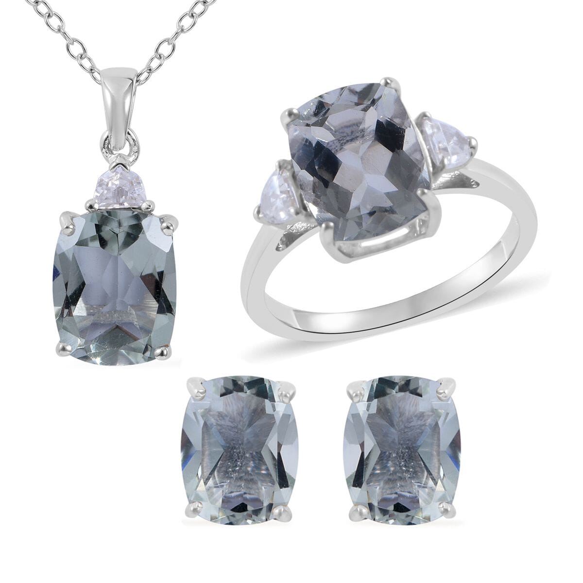 Montezuma Prasiolite, White Zircon Stud Earrings, Ring (Size 10.0) and Pendant Necklace 18 Inches in Platinum Over Sterling Silver 8.70 ctw image number 0