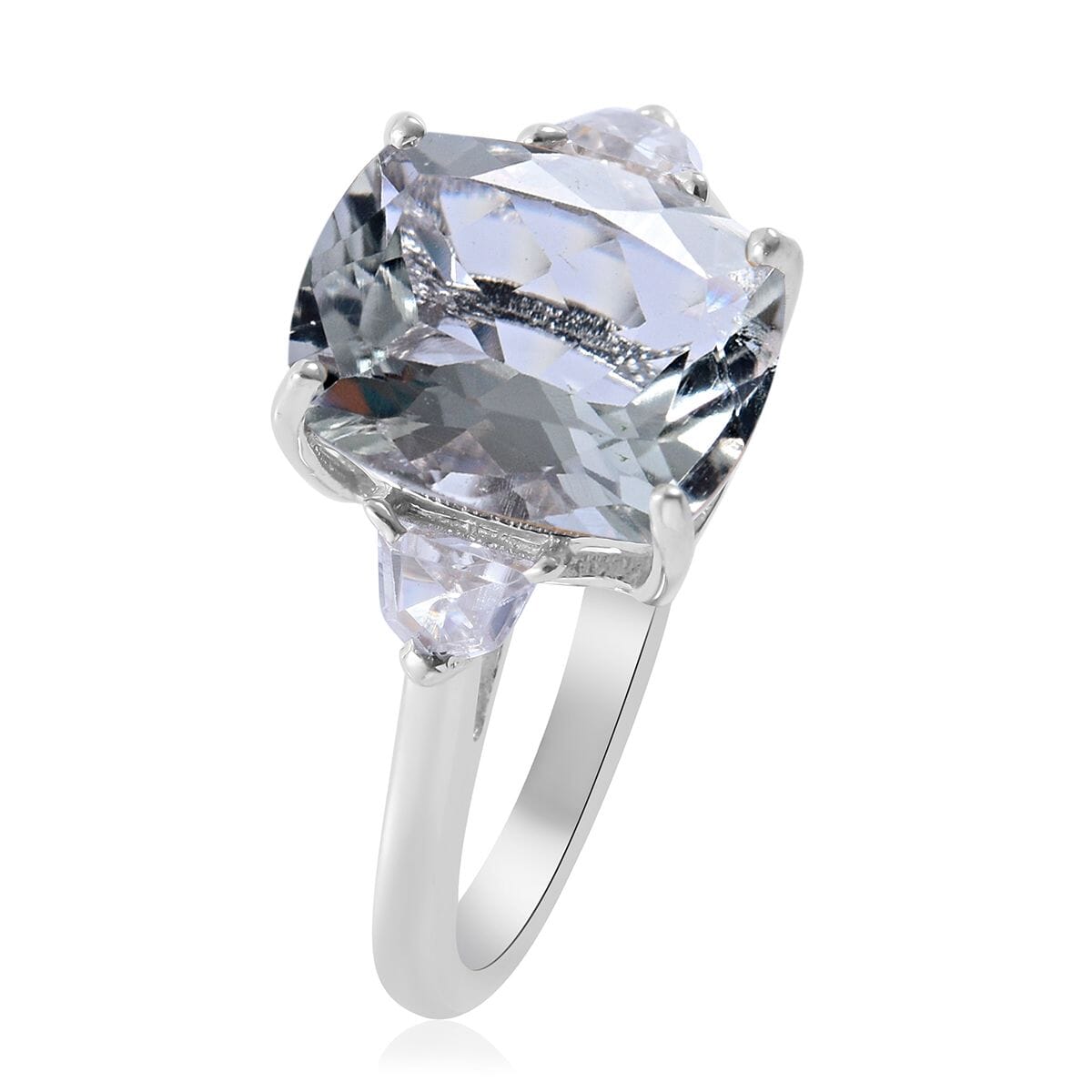 Montezuma Prasiolite, White Zircon Stud Earrings, Ring (Size 10.0) and Pendant Necklace 18 Inches in Platinum Over Sterling Silver 8.70 ctw image number 2