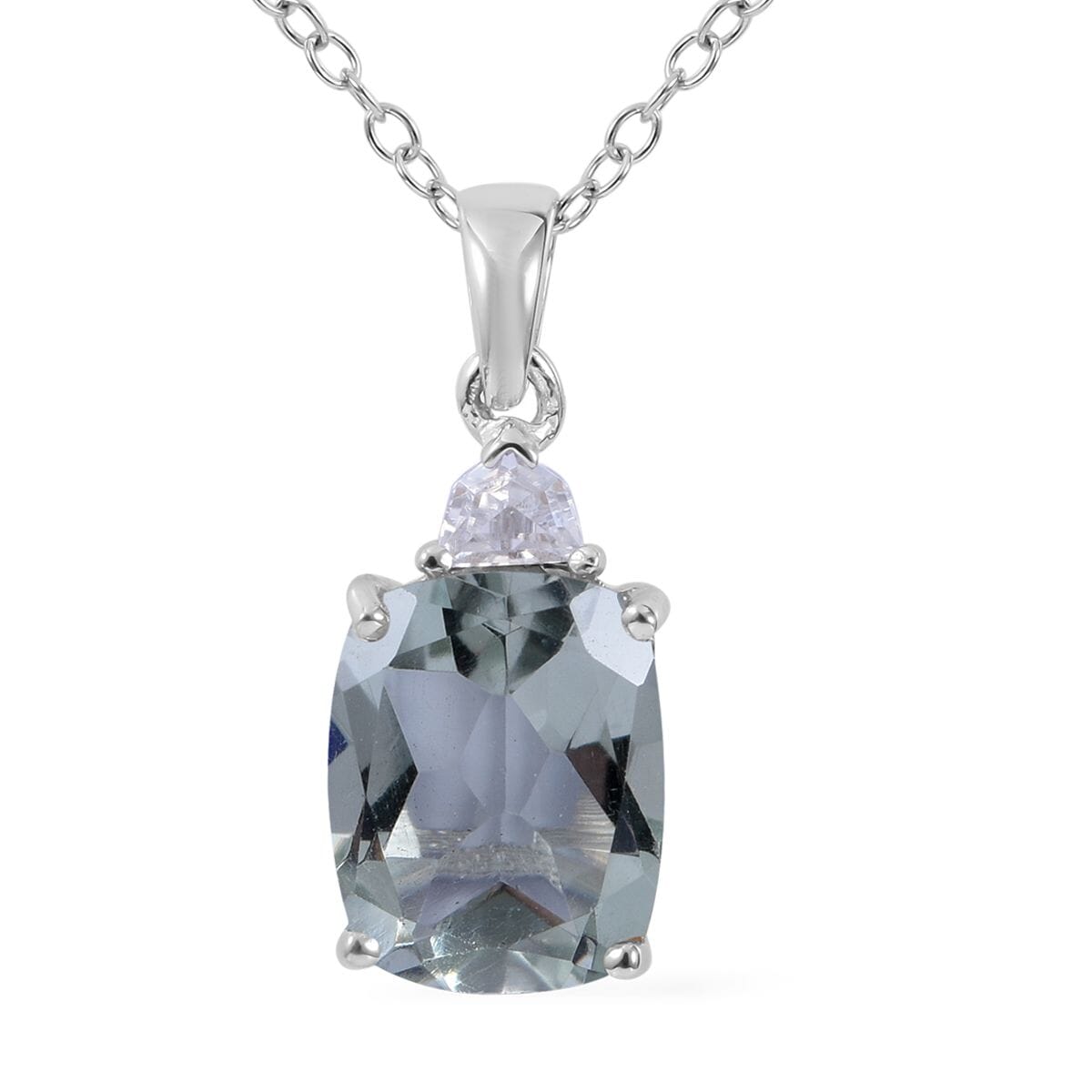 Montezuma Prasiolite, White Zircon Stud Earrings, Ring (Size 10.0) and Pendant Necklace 18 Inches in Platinum Over Sterling Silver 8.70 ctw image number 3