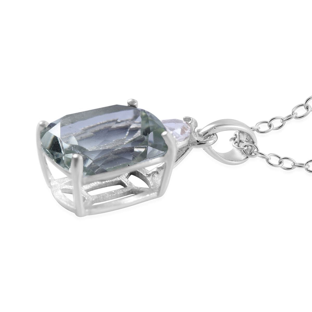 Montezuma Prasiolite, White Zircon Stud Earrings, Ring (Size 10.0) and Pendant Necklace 18 Inches in Platinum Over Sterling Silver 8.70 ctw image number 4
