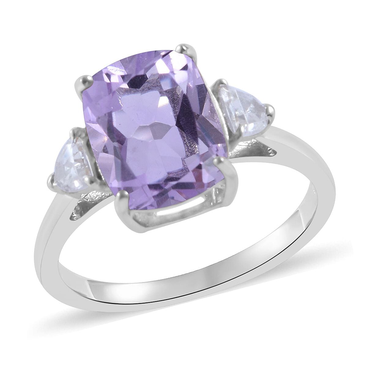 Rose De France Amethyst, White Zircon Stud Earrings, Ring (Size 8.0) and Pendant Necklace 18 Inches in Platinum Over Sterling Silver 8.60 ctw image number 1