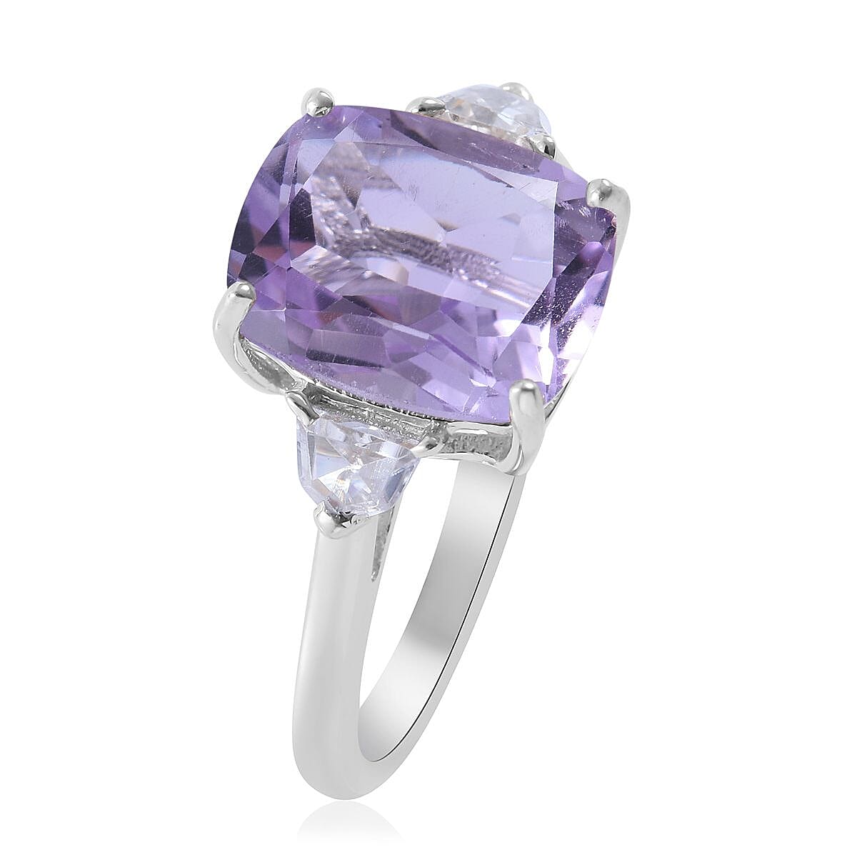 Rose De France Amethyst, White Zircon Stud Earrings, Ring (Size 8.0) and Pendant Necklace 18 Inches in Platinum Over Sterling Silver 8.60 ctw image number 2