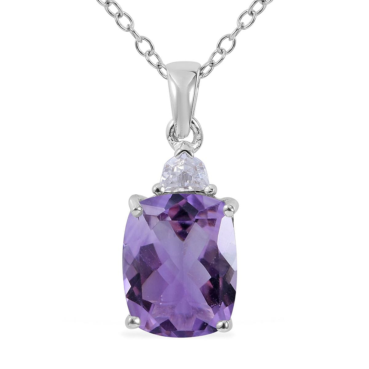 Rose De France Amethyst, White Zircon Stud Earrings, Ring (Size 8.0) and Pendant Necklace 18 Inches in Platinum Over Sterling Silver 8.60 ctw image number 3