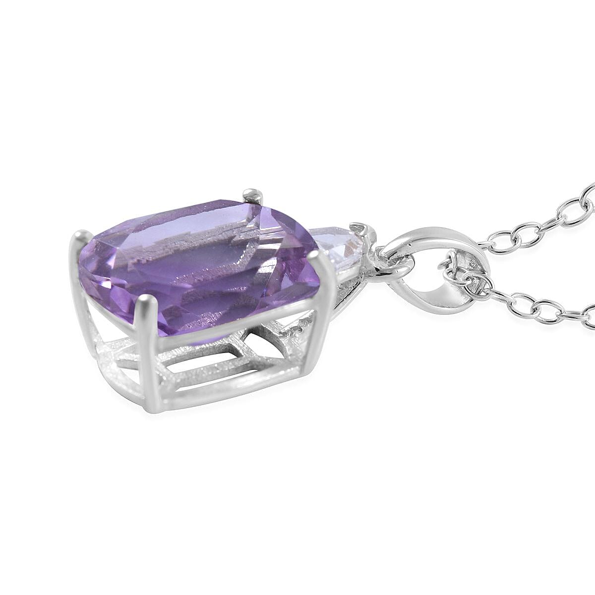 Rose De France Amethyst, White Zircon Stud Earrings, Ring (Size 8.0) and Pendant Necklace 18 Inches in Platinum Over Sterling Silver 8.60 ctw image number 4