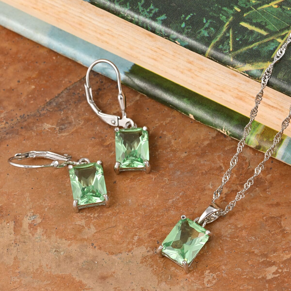 Simulated Green Diamond Earrings and Pendant Necklace 18 Inches in Rhodium Over Sterling Silver 13.35 ctw image number 1