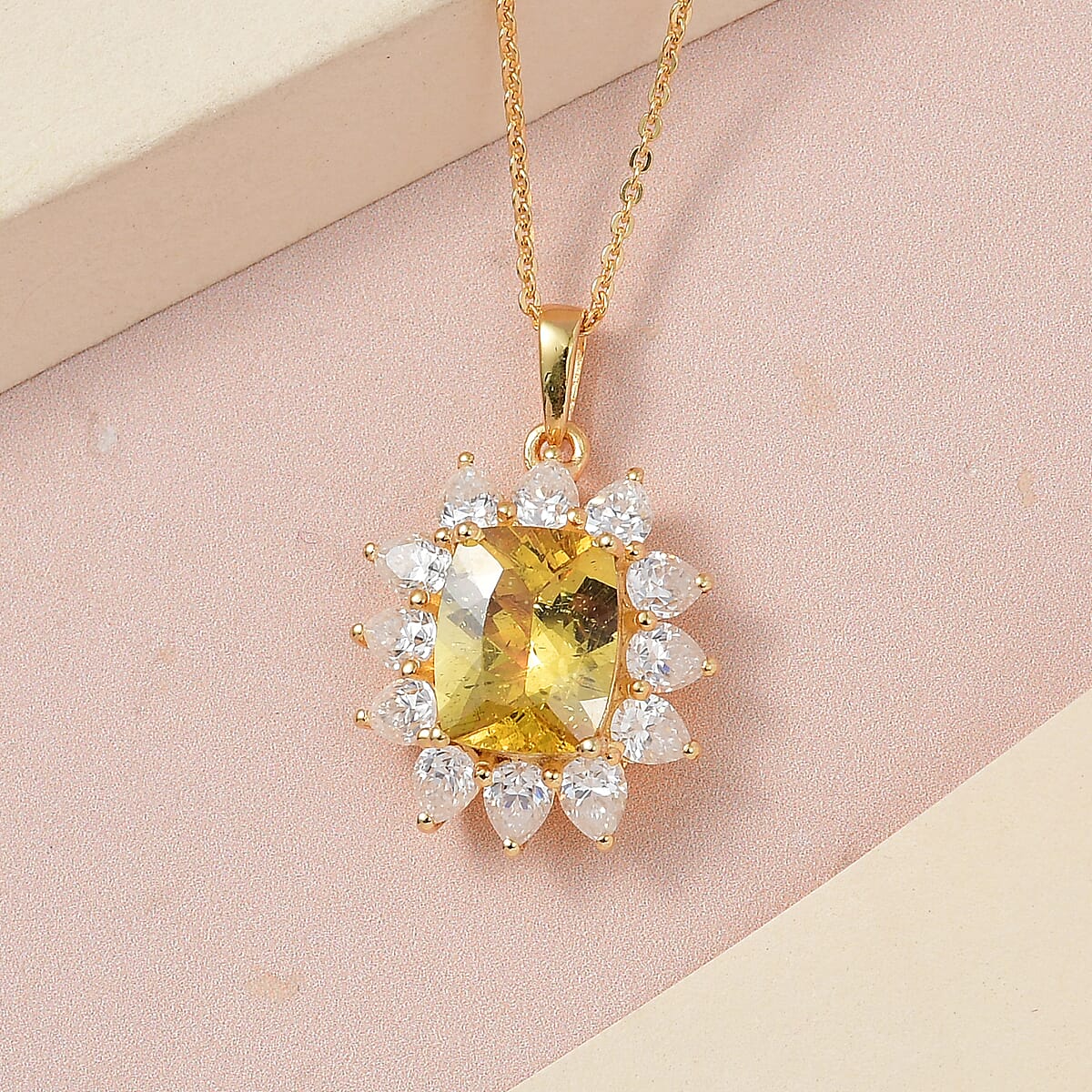 Brazilian Golden Apatite and Moissanite Sunburst Pendant Necklace 20 Inches in Vermeil Yellow Gold Over Sterling Silver 5.15 ctw image number 1