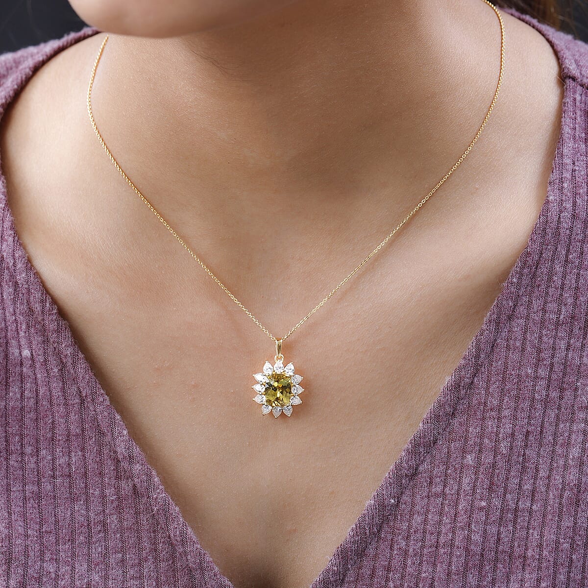 Brazilian Golden Apatite and Moissanite Sunburst Pendant Necklace 20 Inches in Vermeil Yellow Gold Over Sterling Silver 5.15 ctw image number 2