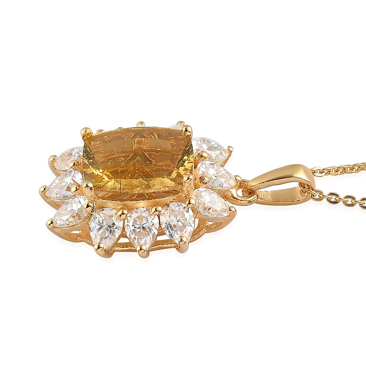 Brazilian Golden Apatite and Moissanite Sunburst Pendant Necklace 20 Inches in Vermeil Yellow Gold Over Sterling Silver 5.15 ctw image number 3