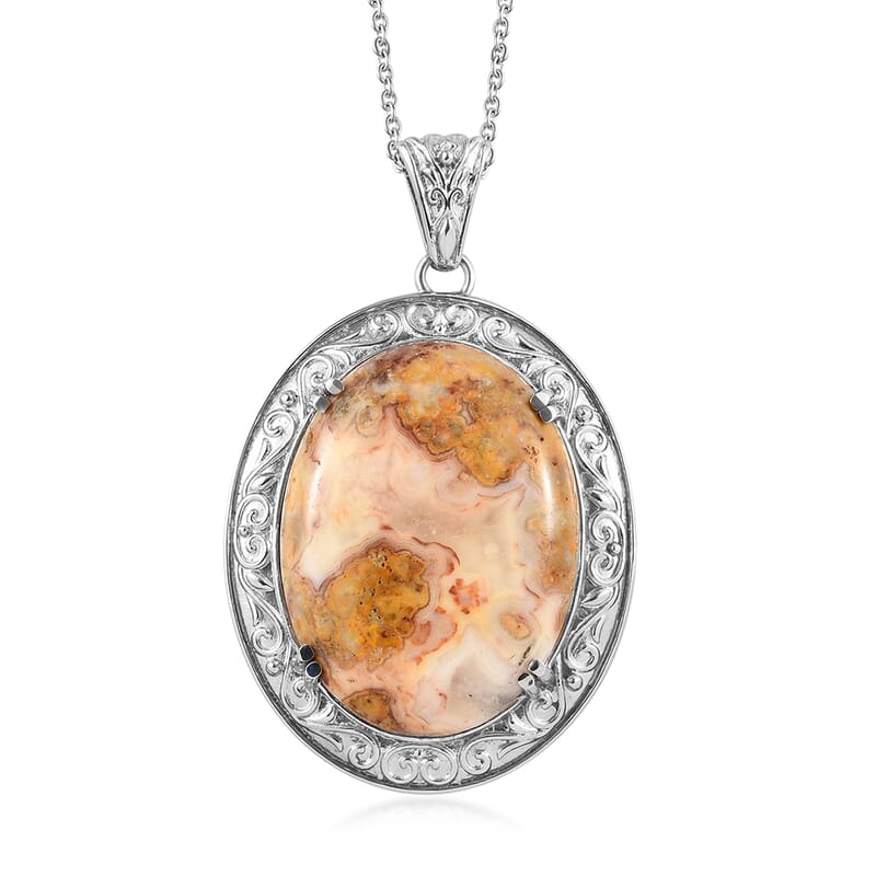 Crazy Lace Agate 82.50 ctw Pendant Necklace 20 Inches in Stainless Steel, Tarnish-Free, Waterproof, Sweat Proof Jewelry