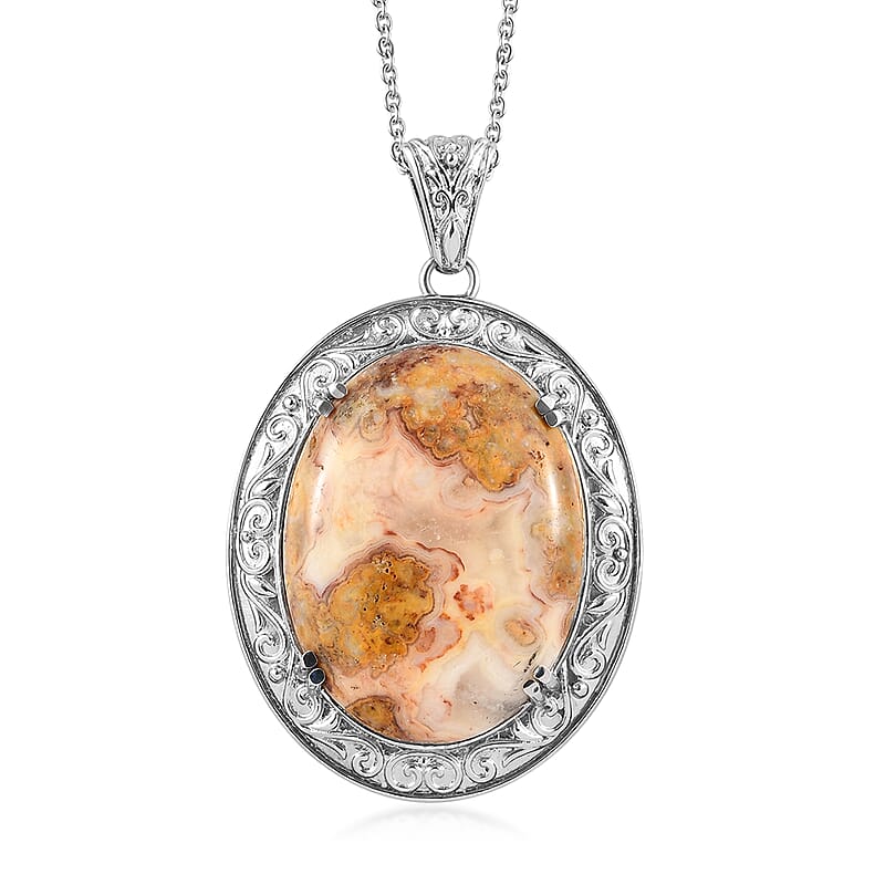 Crazy Lace Agate 82.50 ctw Pendant Necklace 20 Inches in Stainless Steel, Tarnish-Free, Waterproof, Sweat Proof Jewelry