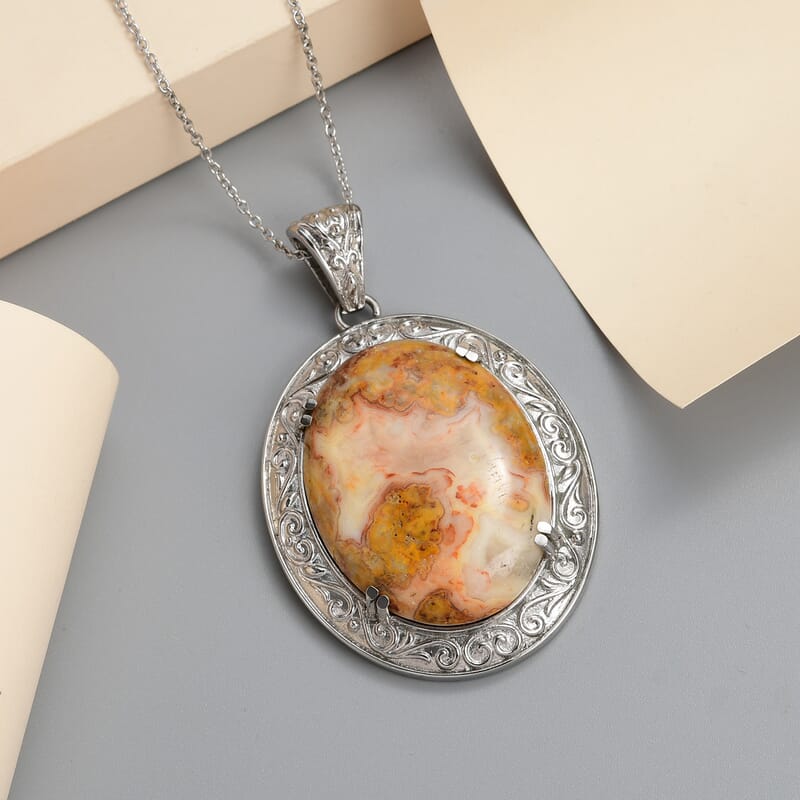 Crazy Lace Agate 82.50 ctw Pendant Necklace 20 Inches in Stainless Steel, Tarnish-Free, Waterproof, Sweat Proof Jewelry