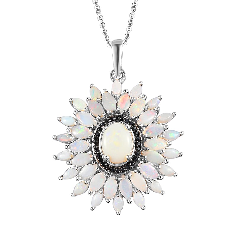 Australian Opal and Thai Black Spinel Floral Pendant Necklace 20 Inches in Platinum Over Sterling Silver 3.25 ctw