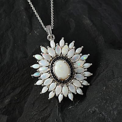 Australian Opal and Thai Black Spinel Floral Pendant Necklace 20 Inches in Platinum Over Sterling Silver 3.25 ctw
