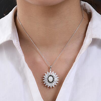 Australian Opal and Thai Black Spinel Floral Pendant Necklace 20 Inches in Platinum Over Sterling Silver 3.25 ctw