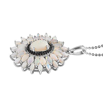 Australian Opal and Thai Black Spinel Floral Pendant Necklace 20 Inches in Platinum Over Sterling Silver 3.25 ctw