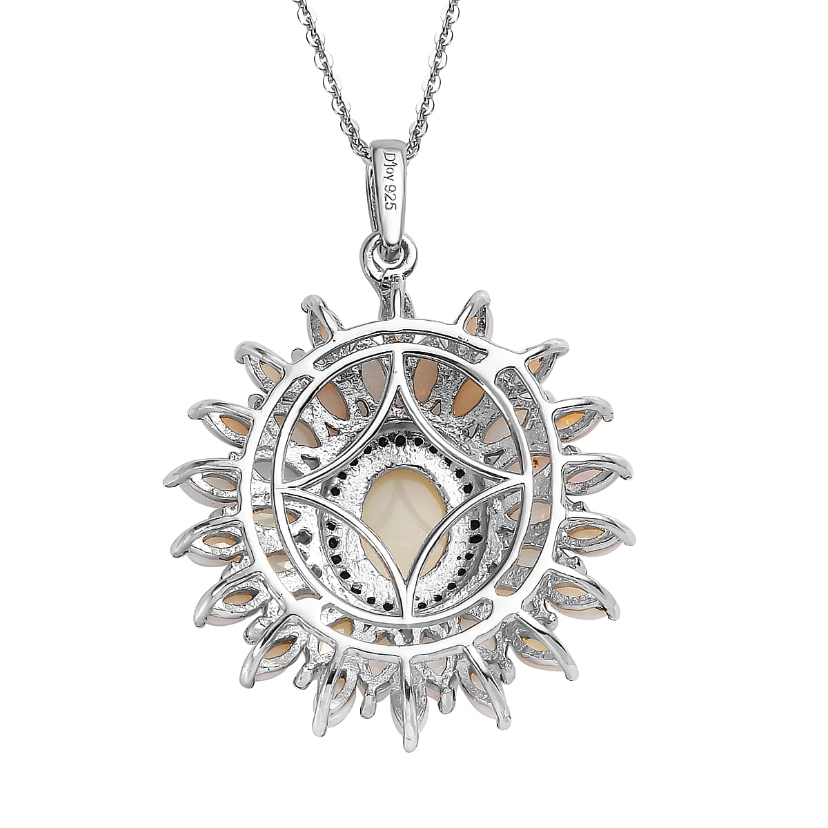 Australian Opal and Thai Black Spinel Floral Pendant Necklace 20 Inches in Platinum Over Sterling Silver 3.25 ctw