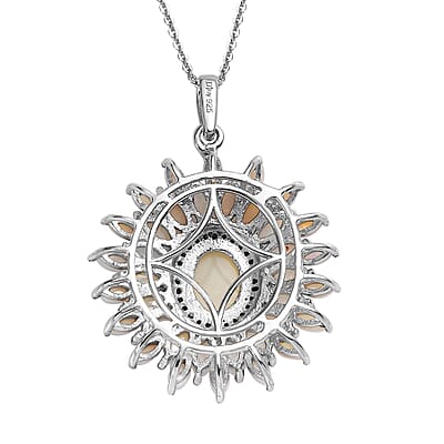 Australian Opal and Thai Black Spinel Floral Pendant Necklace 20 Inches in Platinum Over Sterling Silver 3.25 ctw