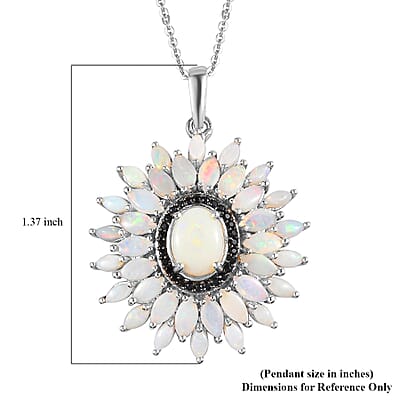 Australian Opal and Thai Black Spinel Floral Pendant Necklace 20 Inches in Platinum Over Sterling Silver 3.25 ctw