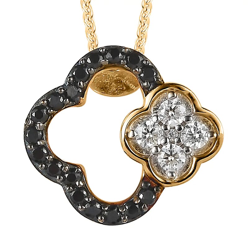 Moissanite and Thai Black Spinel 4 Leaf Clover Pendant Necklace 20 Inches in Vermeil Yellow Gold Over Sterling Silver 0.40 ctw