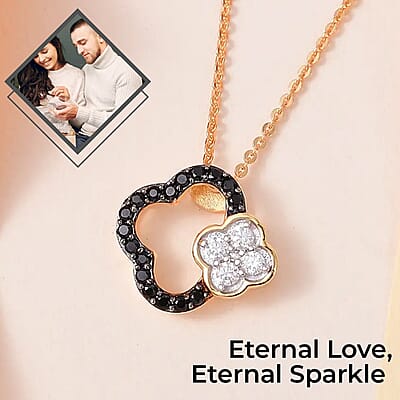 Moissanite and Thai Black Spinel 4 Leaf Clover Pendant Necklace 20 Inches in Vermeil Yellow Gold Over Sterling Silver 0.40 ctw