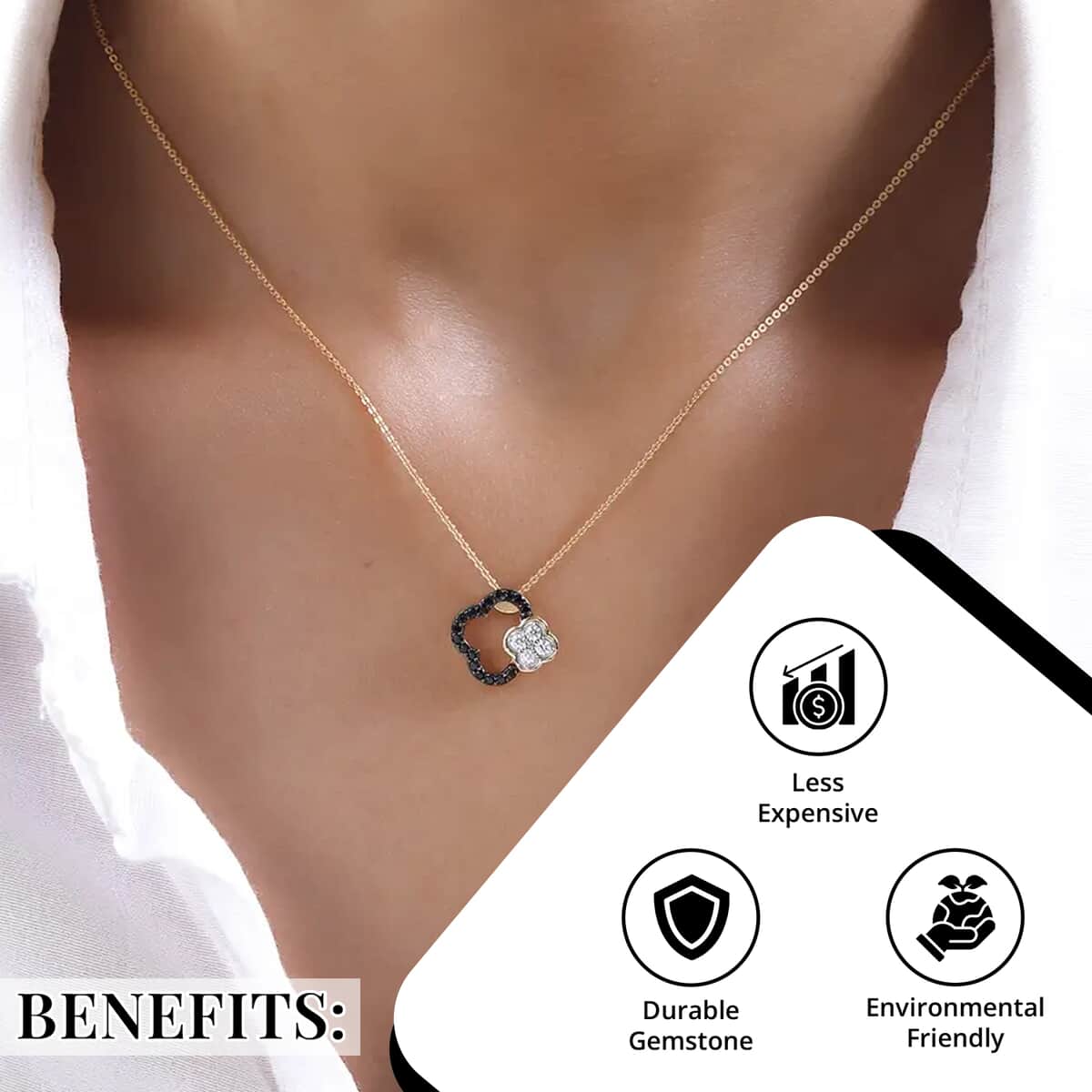 Mother’s Day Gift Moissanite and Thai Black Spinel 4 Leaf Clover Pendant Necklace 20 Inches in Vermeil Yellow Gold Over Sterling Silver 0.40 ctw image number 3