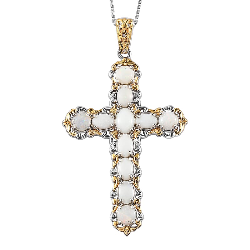 Australian Opal Cross Pendant Necklace 20 Inches in Vermeil Yellow Gold and Platinum Over Sterling Silver 3.10 ctw