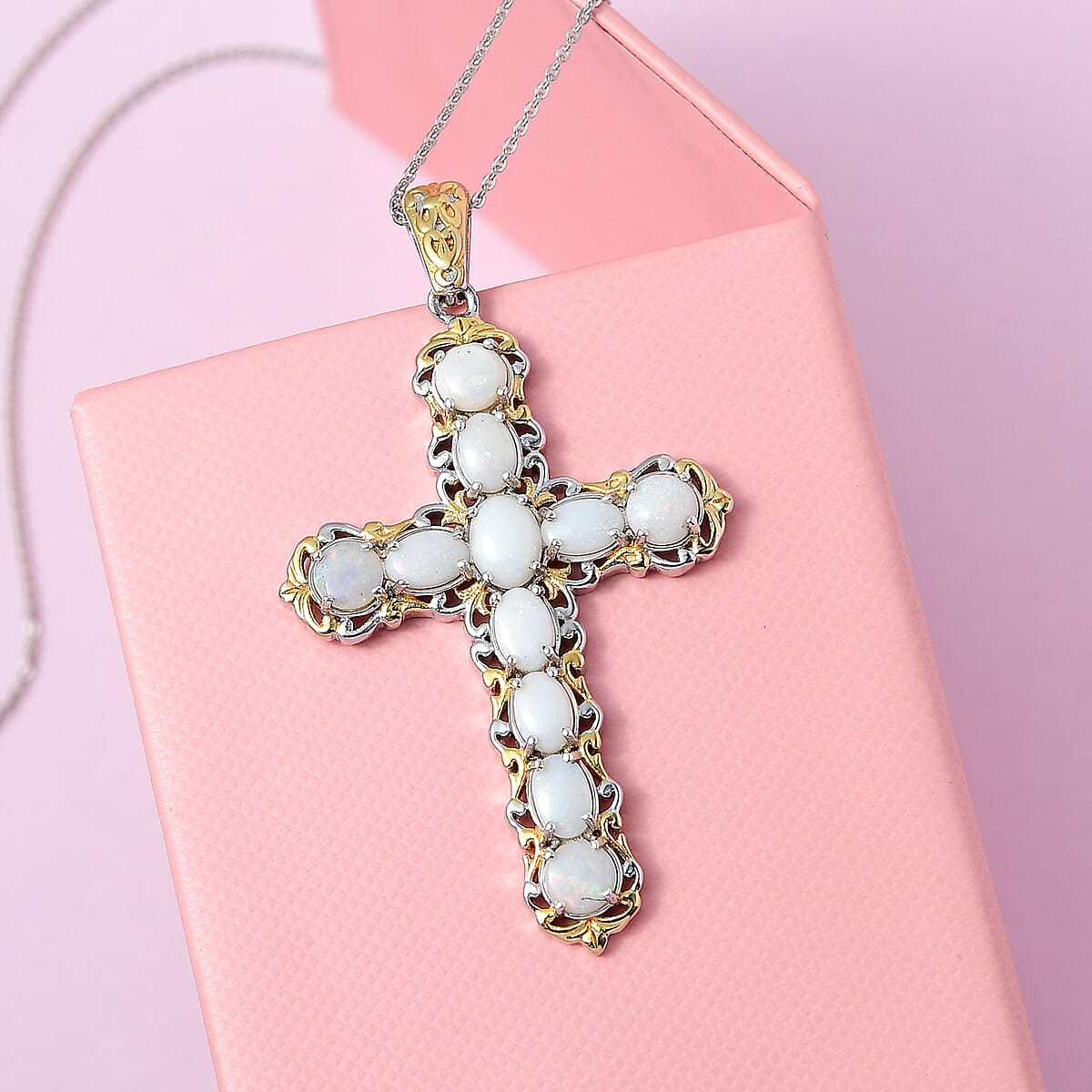 Australian Opal Cross Pendant Necklace 20 Inches in Vermeil Yellow Gold and Platinum Over Sterling Silver 3.10 ctw image number 1