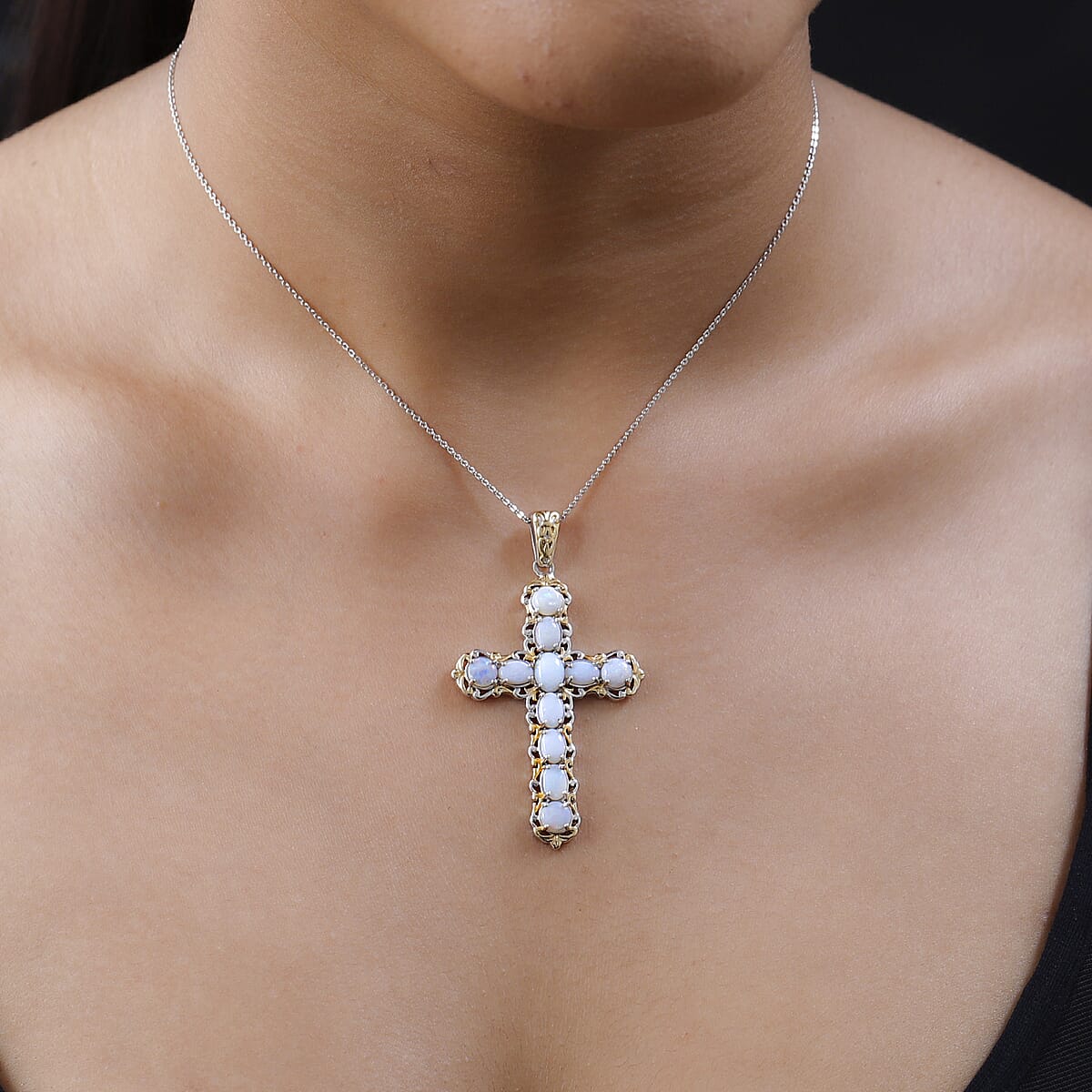 Australian Opal Cross Pendant Necklace 20 Inches in Vermeil Yellow Gold and Platinum Over Sterling Silver 3.10 ctw image number 2