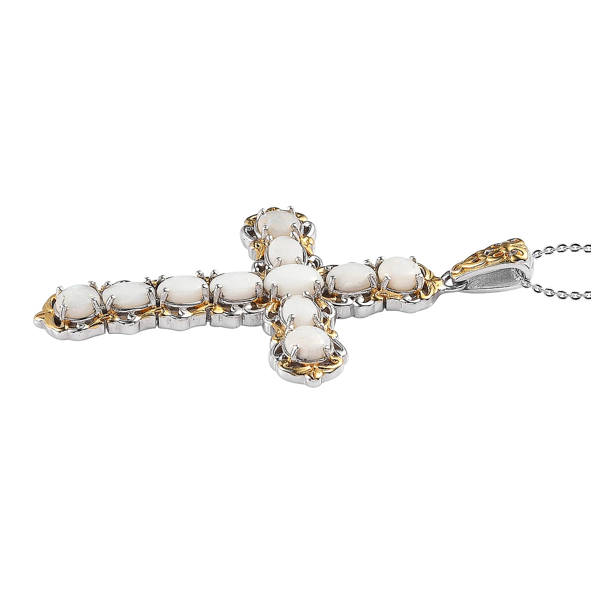 Australian Opal Cross Pendant Necklace 20 Inches in Vermeil Yellow Gold and Platinum Over Sterling Silver 3.10 ctw image number 3