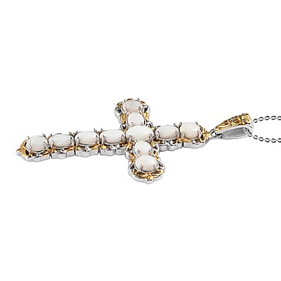 Australian Opal Cross Pendant Necklace 20 Inches in Vermeil Yellow Gold and Platinum Over Sterling Silver 3.10 ctw
