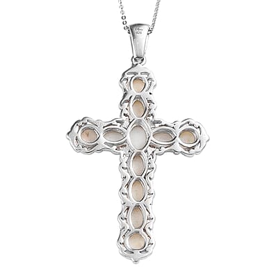 Australian Opal Cross Pendant Necklace 20 Inches in Vermeil Yellow Gold and Platinum Over Sterling Silver 3.10 ctw