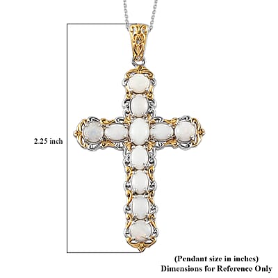 Australian Opal Cross Pendant Necklace 20 Inches in Vermeil Yellow Gold and Platinum Over Sterling Silver 3.10 ctw