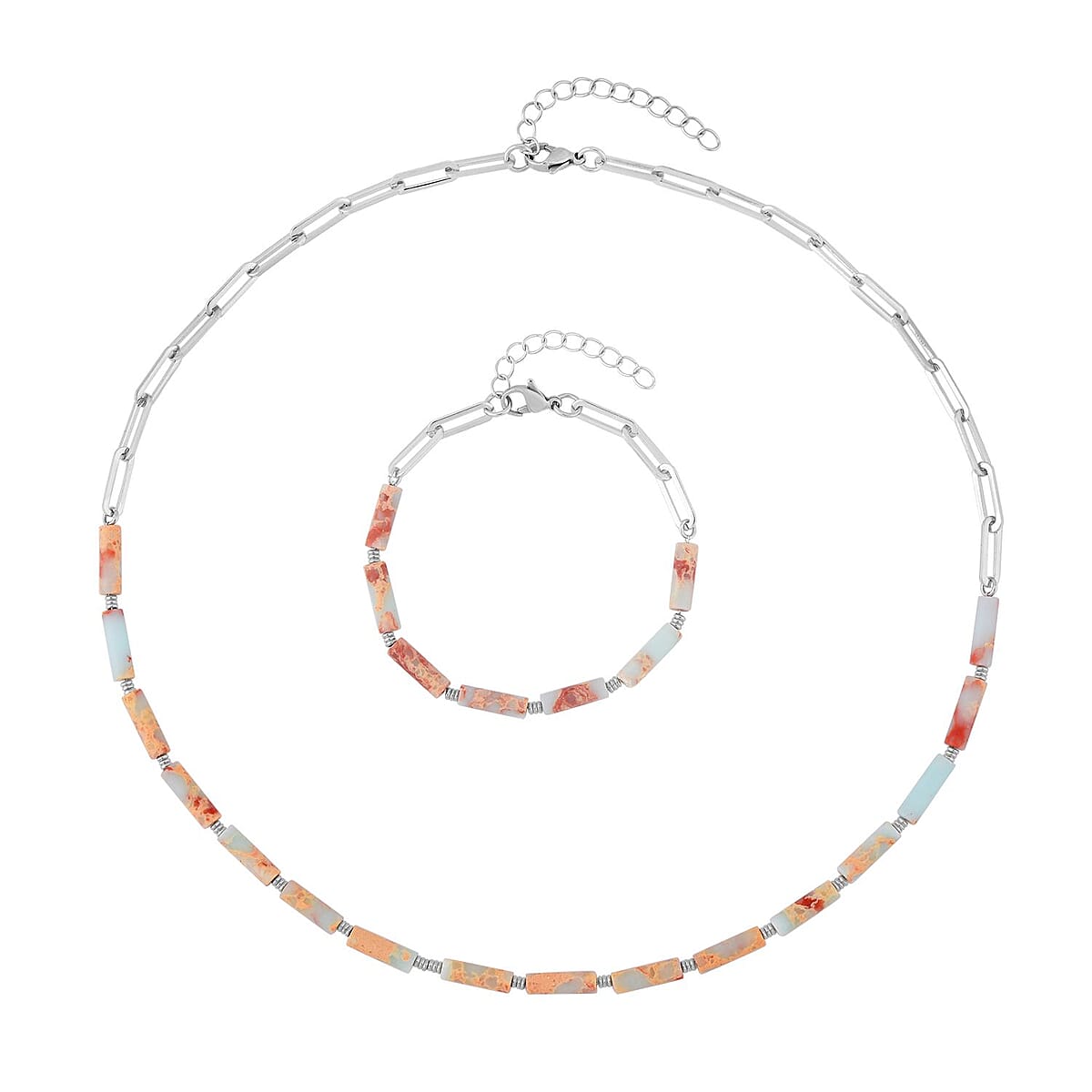 Jade Barrel Paper Clip Chain Necklace (20-22Inches) and Bracelet (7.5-9.0In) in Stainless Steel 65.00 ctw | Tarnish-Free, Waterproof, Sweat Proof Jewelry image number 0