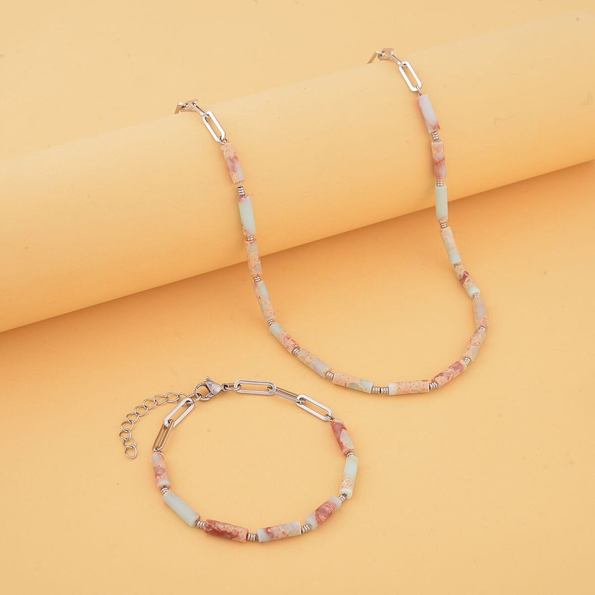 Jade Barrel Paper Clip Chain Necklace (20-22Inches) and Bracelet (7.5-9.0In) in Stainless Steel 65.00 ctw | Tarnish-Free, Waterproof, Sweat Proof Jewelry image number 1
