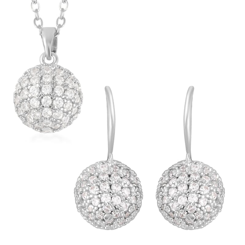 Simulated Diamond Earrings and Pendant Necklace 20-22 Inches in Silvertone 1.20 ctw