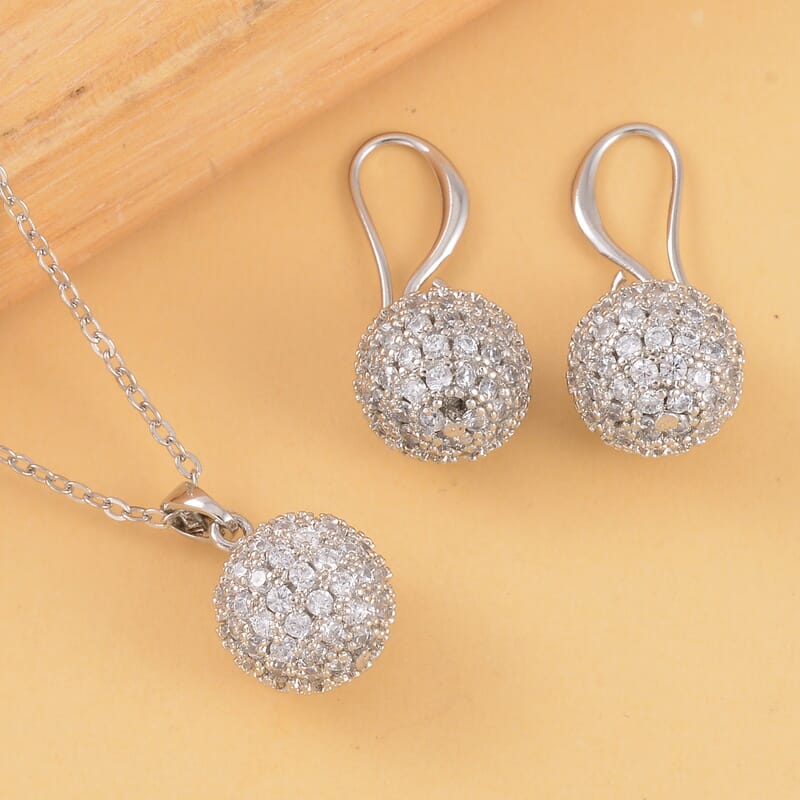 Simulated Diamond Earrings and Pendant Necklace 20-22 Inches in Silvertone 1.20 ctw
