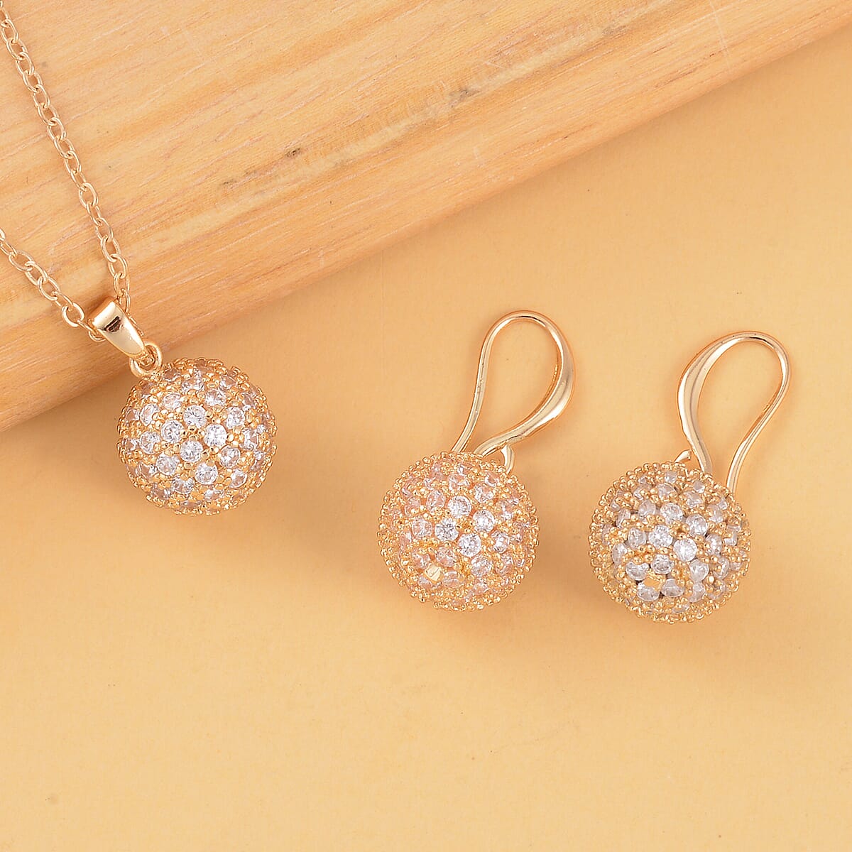 Simulated Diamond Earrings and Pendant Necklace 20-22 Inches in Goldtone 1.20 ctw image number 1