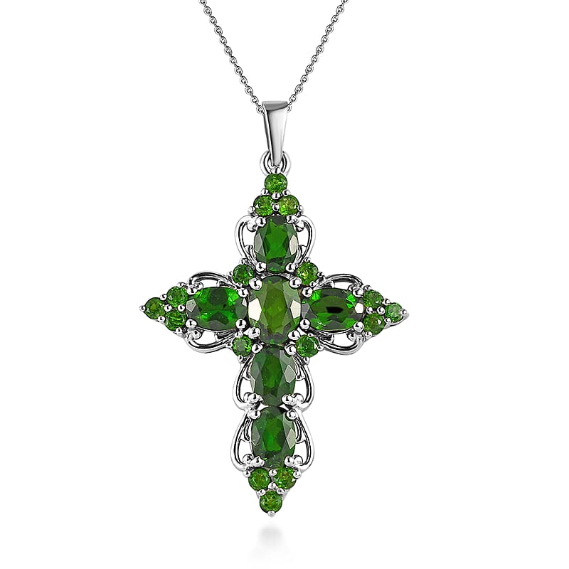 Chrome Diopside Cross Pendant Necklace 20 Inches in Platinum Over Sterling Silver 5.50 ctw