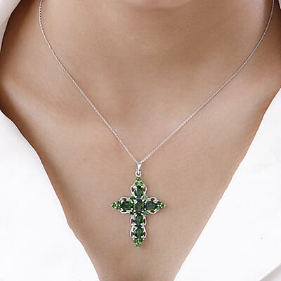 Chrome Diopside Cross Pendant Necklace 20 Inches in Platinum Over Sterling Silver 5.50 ctw