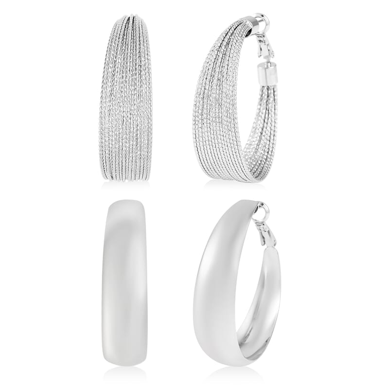 Set of 2 Hoop Earrings in Silvertone