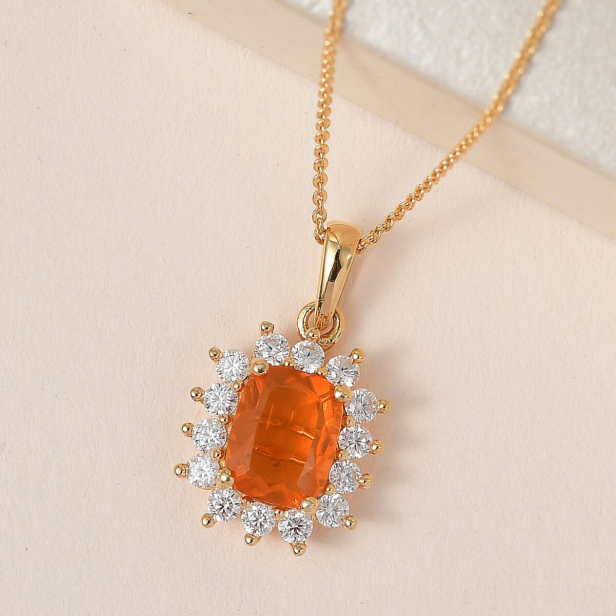 Premium Brazilian Fire Opal and Moissanite Sunburst Pendant Necklace 20 Inches in Vermeil Yellow Gold Over Sterling Silver 2.10 ctw image number 1