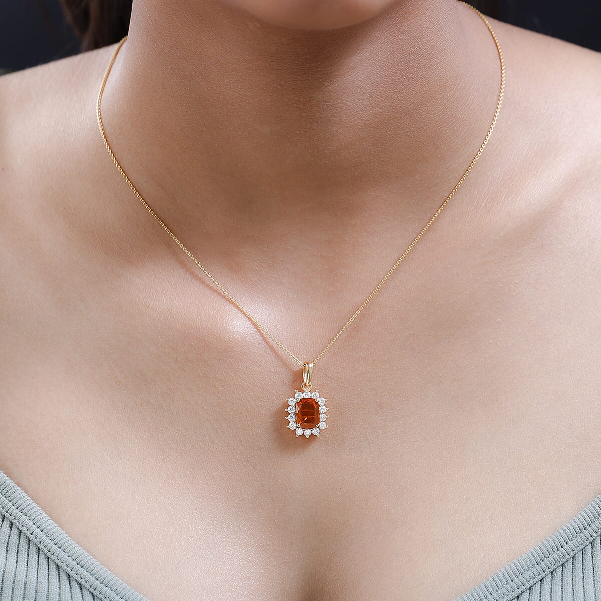 Premium Brazilian Fire Opal and Moissanite Sunburst Pendant Necklace 20 Inches in Vermeil Yellow Gold Over Sterling Silver 2.10 ctw image number 2