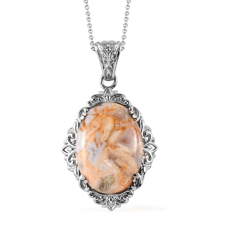 Crazy Lace Agate 38.30 ctw Solitaire Pendant Necklace 20 Inches in Stainless Steel, Tarnish-Free, Waterproof, Sweat Proof Jewelry